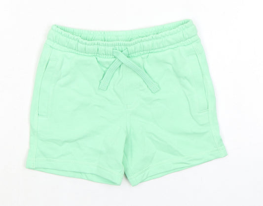 Marks and Spencer Girls Green Cotton Sweat Shorts Size 3-4 Years Regular Drawstring - Waist 20in Inside Leg 3in