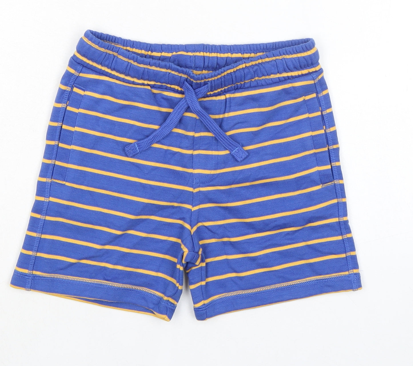 Marks and Spencer Boys Blue Striped Cotton Sweat Shorts Size 5-6 Years Regular Drawstring - Waist 22in Inside Leg 4in