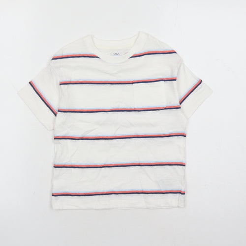 Marks and Spencer Boys White Striped Cotton Basic T-Shirt Size 4-5 Years Crew Neck Pullover