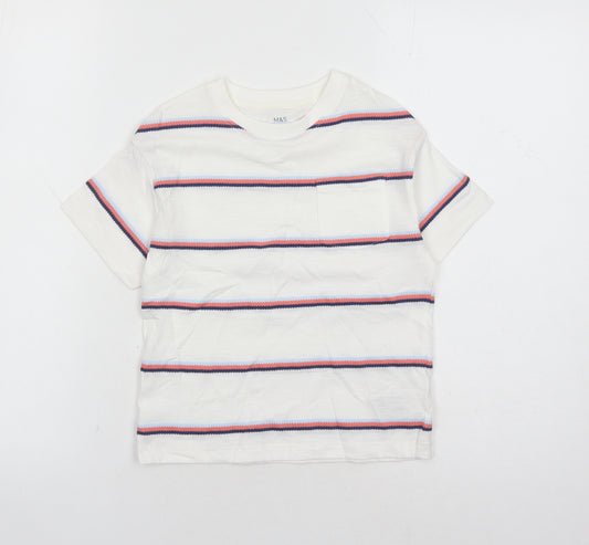 Marks and Spencer Boys White Striped Cotton Basic T-Shirt Size 4-5 Years Crew Neck Pullover