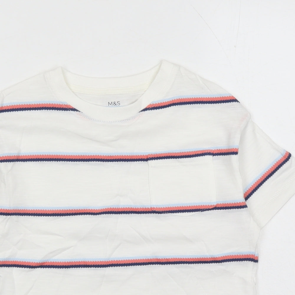 Marks and Spencer Boys White Striped Cotton Basic T-Shirt Size 4-5 Years Crew Neck Pullover