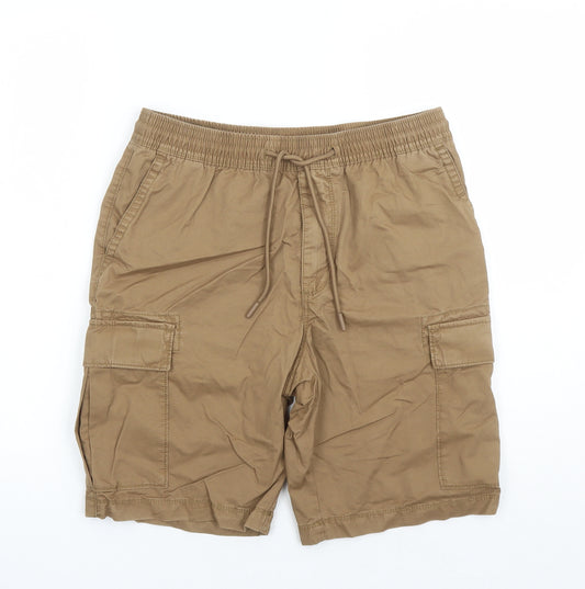 Marks and Spencer Mens Brown Cotton Cargo Shorts Size S L9 in Regular Drawstring - Elasticated Waist Pockets