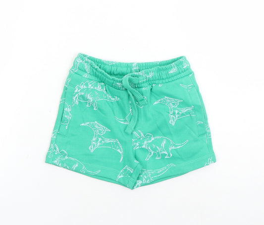 Marks and Spencer Boys Green Geometric Cotton Sweat Shorts Size 2-3 Years Regular Drawstring - Waist Size 22 inches Inside Leg 2 Inches Elasticated Waist Dinosaur Pattern