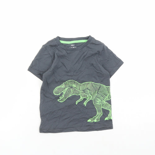 Marks and Spencer Boys Grey Cotton Basic T-Shirt Size 2-3 Years Crew Neck Pullover - Dinosaur