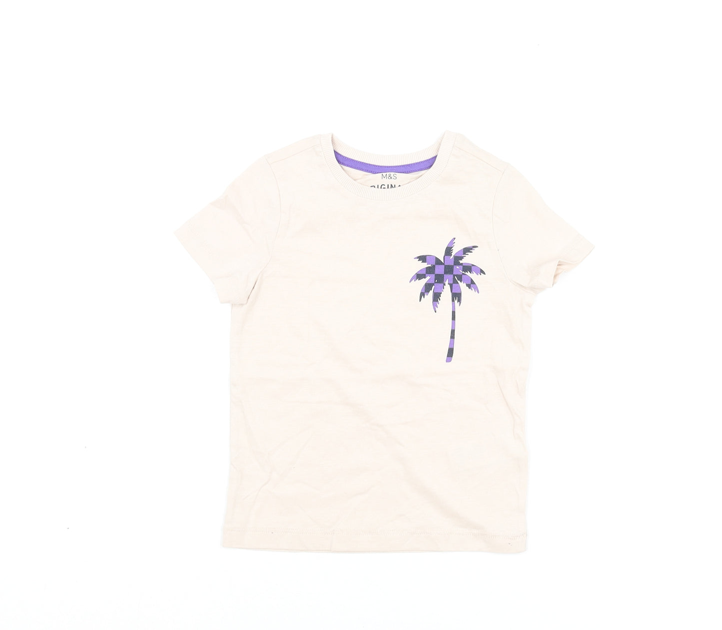 Marks and Spencer Boys Pink Cotton Basic T-Shirt Size 2-3 Years Round Neck Pullover - Palm Tree Print