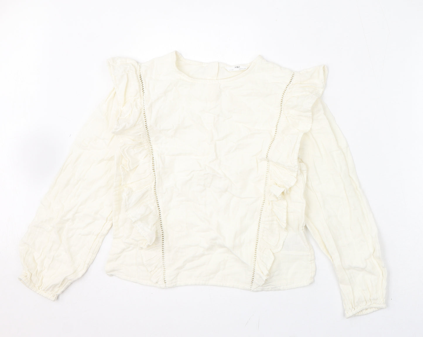 Marks and Spencer Girls Ivory 100% Cotton Basic Blouse Size 11-12 Years Round Neck Button - Ruffles, Crochet Detail