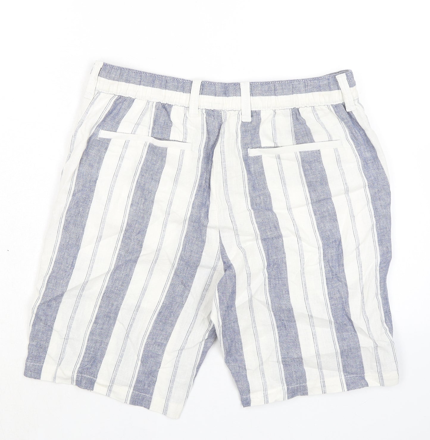 Marks and Spencer Mens Blue Striped Linen Chino Shorts Size 32 in L9 in Regular Zip