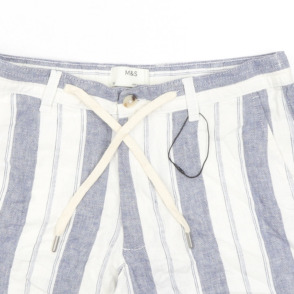 Marks and Spencer Mens Blue Striped Linen Chino Shorts Size 32 in L9 in Regular Zip