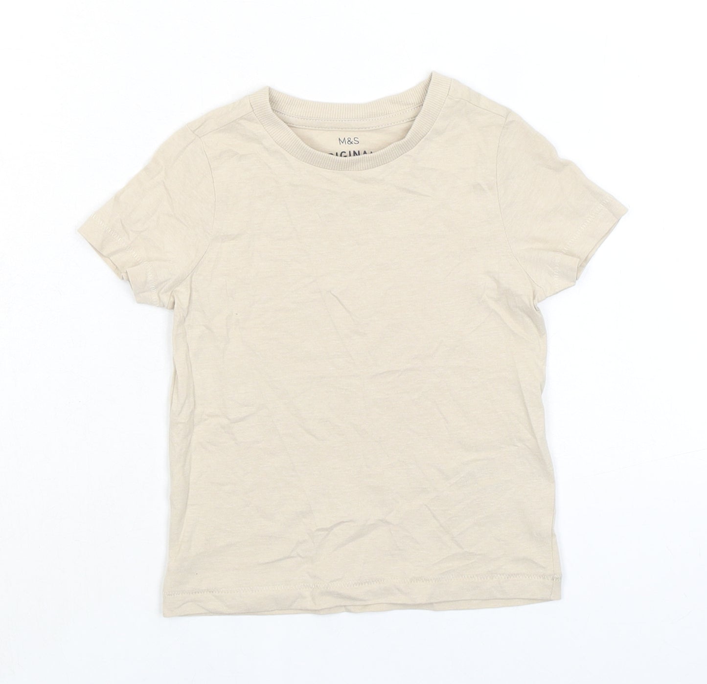 Marks and Spencer Boys Beige Cotton Basic T-Shirt Size 2-3 Years Crew Neck