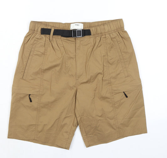 Marks and Spencer Mens Brown Cotton Cargo Shorts Size 32 in L8 in Regular Zip - Zip Pockets