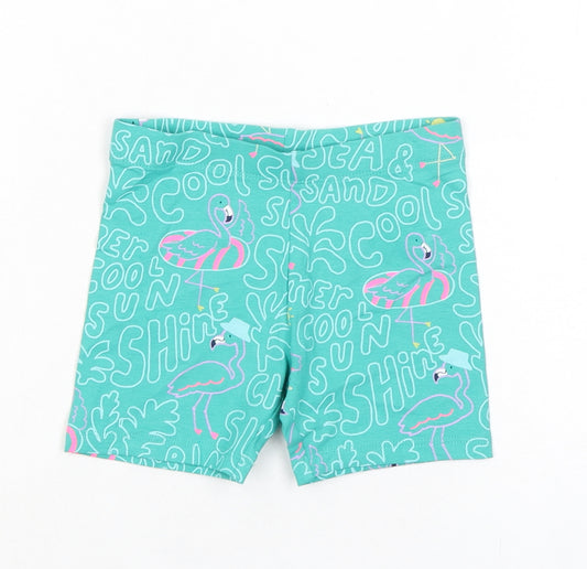 Marks and Spencer Girls Green Geometric Cotton Sweat Shorts Size 3-4 Years Regular - Holiday, Waist 19in Inside Leg 3