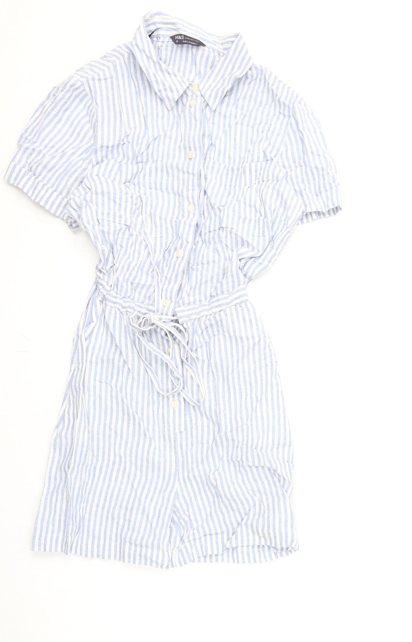 Marks and Spencer Womens Blue Striped Linen Romper One-Piece Size 12 L3 in Button