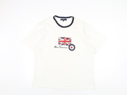 Ben Sherman Mens Ivory Cotton T-Shirt Size 2XL Round Neck - Union Jack Logo