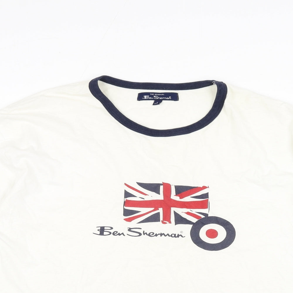 Ben Sherman Mens Ivory Cotton T-Shirt Size 2XL Round Neck - Union Jack Logo