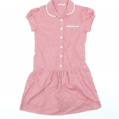 Marks and Spencer Girls Red Check Cotton A-Line Size 9-10 Years Collared Button