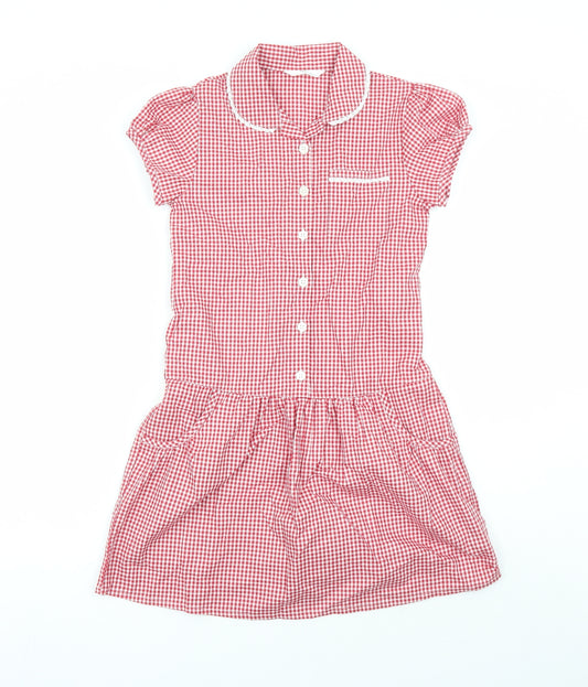 Marks and Spencer Girls Red Check Cotton A-Line Size 9-10 Years Collared Button