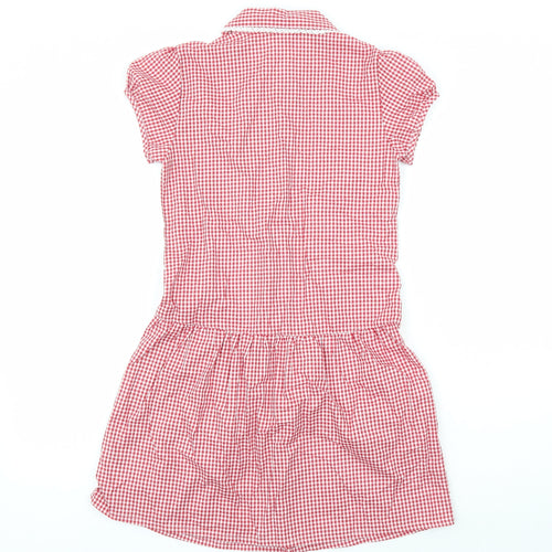 Marks and Spencer Girls Red Check Cotton A-Line Size 9-10 Years Collared Button