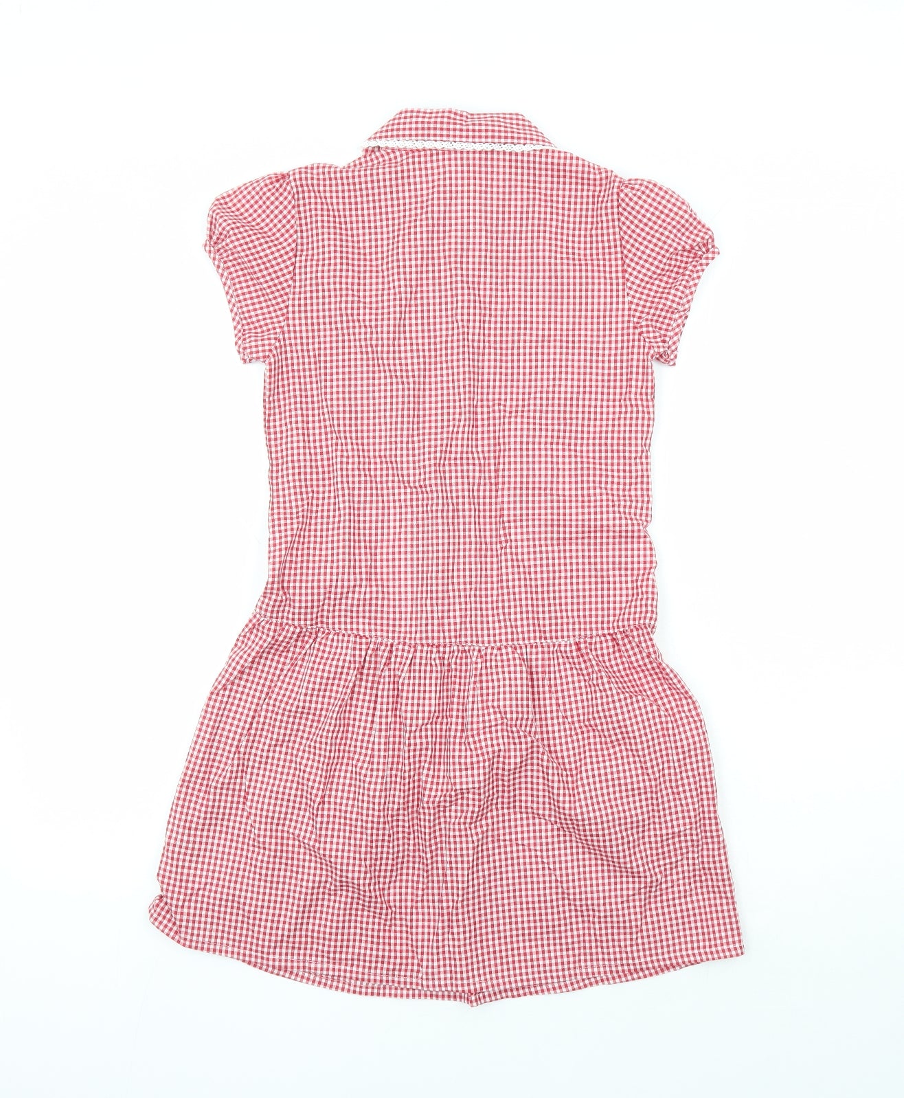 Marks and Spencer Girls Red Check Cotton A-Line Size 9-10 Years Collared Button