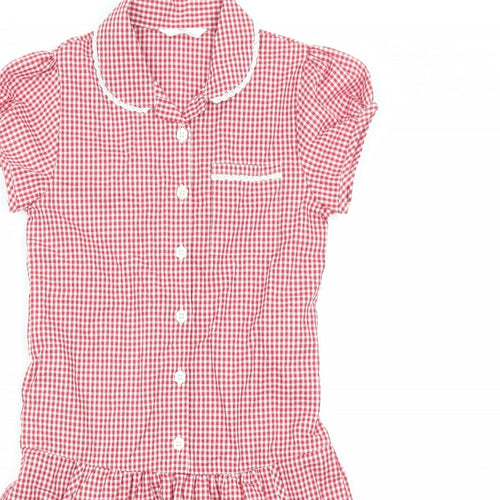 Marks and Spencer Girls Red Check Cotton A-Line Size 9-10 Years Collared Button