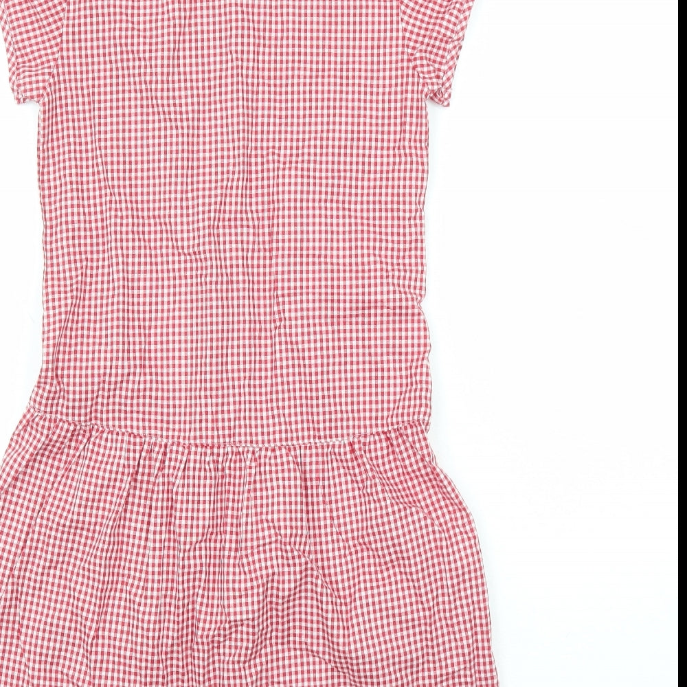 Marks and Spencer Girls Red Check Cotton A-Line Size 9-10 Years Collared Button