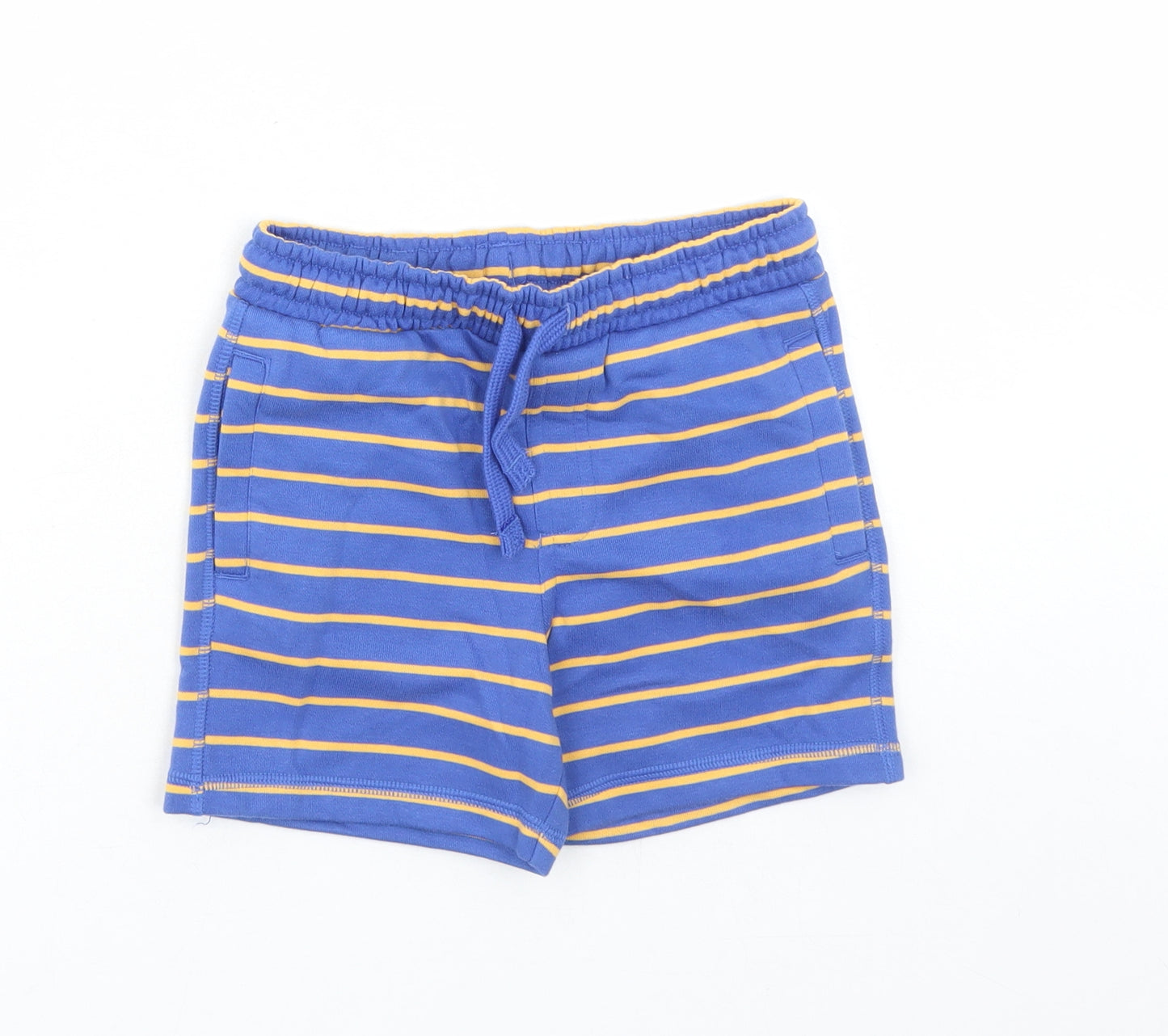 Marks and Spencer Boys Blue Striped Cotton Sweat Shorts Size 4-5 Years Regular Drawstring - Elasticated Waist Waist Size 22 Inches Inside Leg 3 Inches