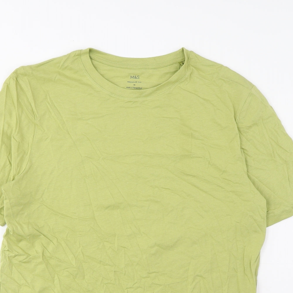 Marks and Spencer Mens Green Cotton T-Shirt Size M Crew Neck