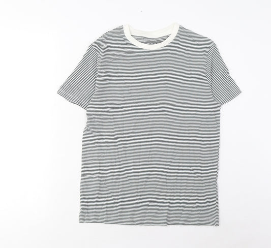 Marks and Spencer Boys Grey Striped Cotton Basic T-Shirt Size 11-12 Years Crew Neck Pullover