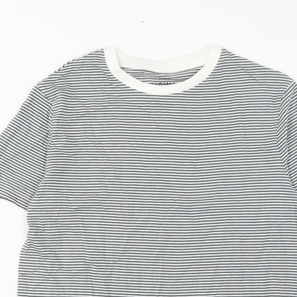 Marks and Spencer Boys Grey Striped Cotton Basic T-Shirt Size 11-12 Years Crew Neck Pullover