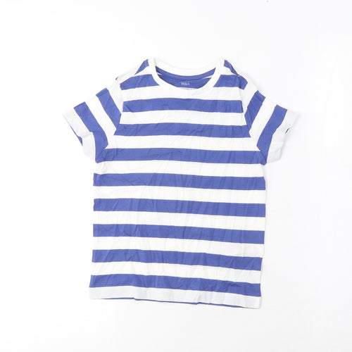 Marks and Spencer Boys Blue Striped Cotton Basic T-Shirt Size 4-5 Years Crew Neck Pullover