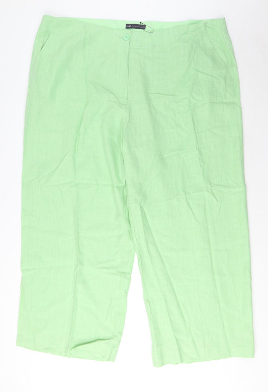 Marks and Spencer Womens Green Linen Trousers Size 24 L30 in Regular Zip - Pockets