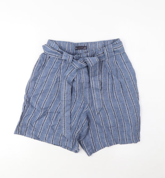 Marks and Spencer Womens Blue Striped Polyester Bermuda Shorts Size 8 L7 in Regular Hook & Eye - Pockets, Belted