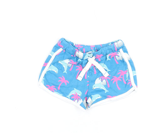 Marks and Spencer Girls Blue Geometric Cotton Sweat Shorts Size 3-4 Years Regular Drawstring - Dolphin Print