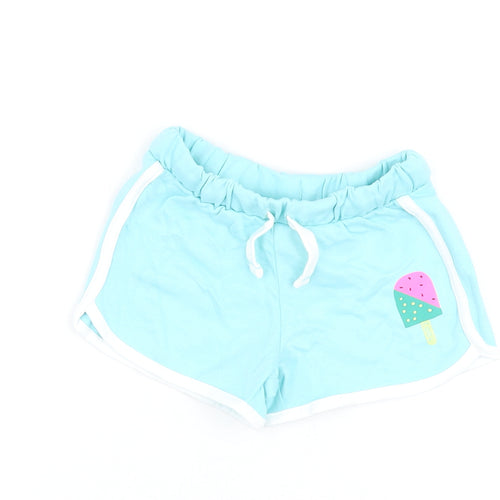 Marks and Spencer Girls Blue Cotton Sweat Shorts Size 3-4 Years Regular Drawstring - Ice Lolly Print