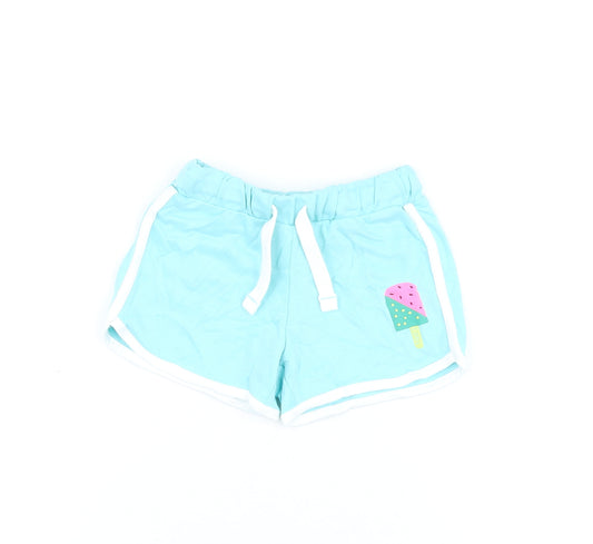 Marks and Spencer Girls Blue Cotton Sweat Shorts Size 3-4 Years Regular Drawstring - Ice Lolly Print