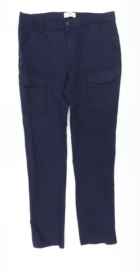 Marks and Spencer Mens Blue Cotton Trousers Size 36 in L33 in Slim Button