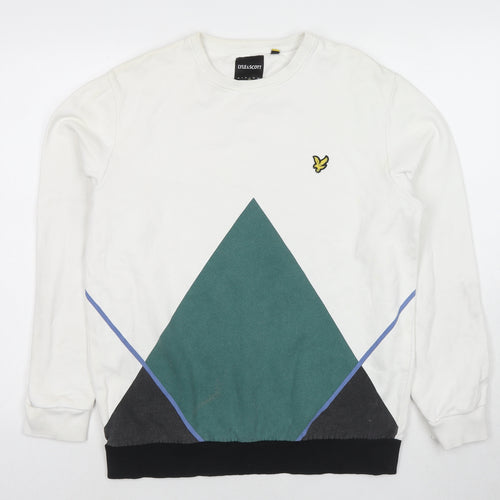 Lyle & Scott Mens White Cotton Pullover Sweatshirt Size L - Colourblock Pattern