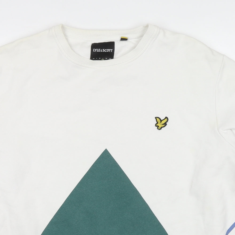 Lyle & Scott Mens White Cotton Pullover Sweatshirt Size L - Colourblock Pattern