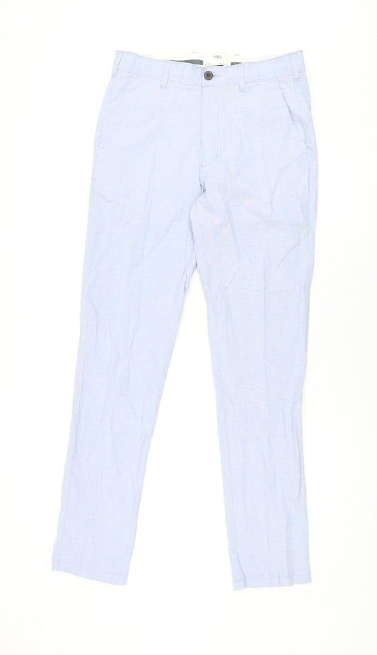 Marks and Spencer Mens Blue Cotton Trousers Size 30 in L33 in Regular Zip