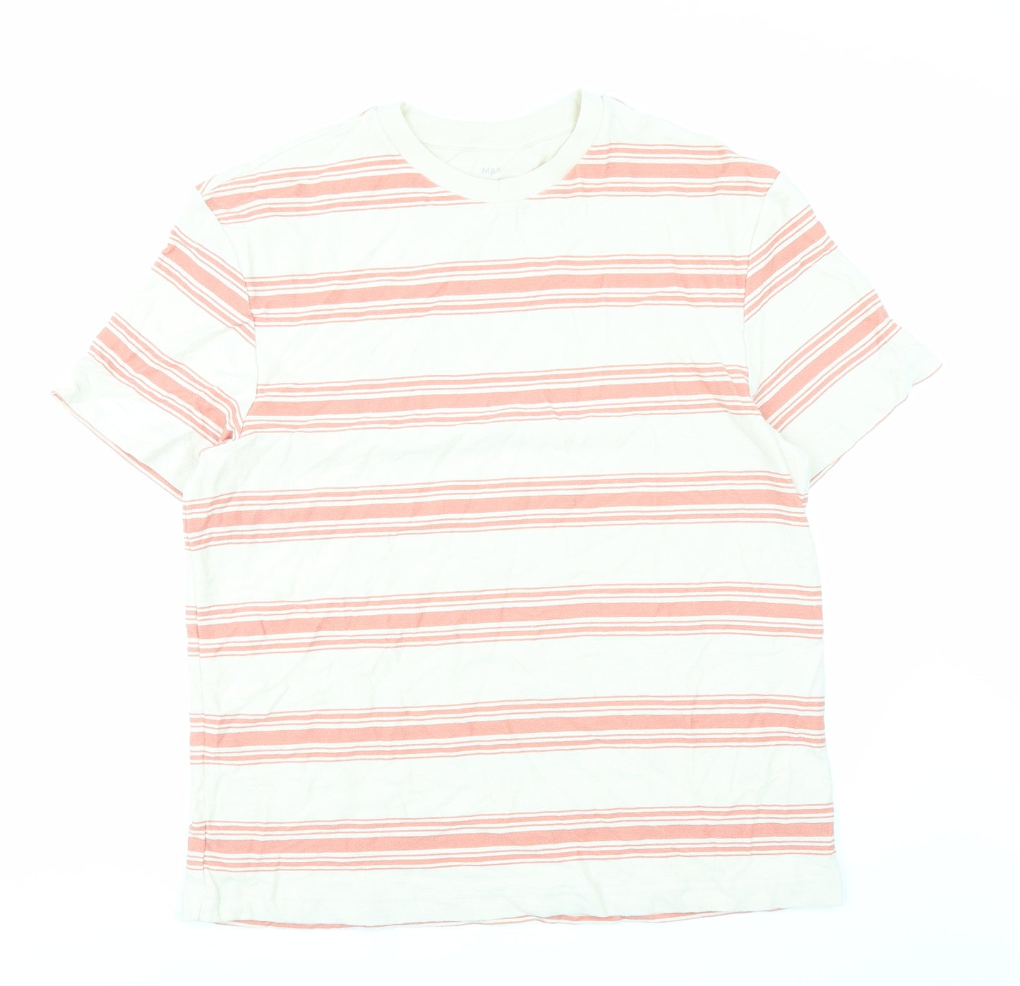 Marks and Spencer Mens Beige Striped Cotton T-Shirt Size L Crew Neck