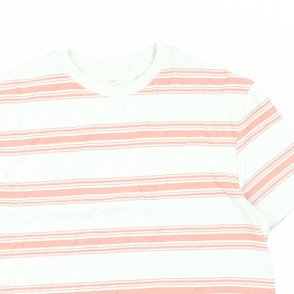 Marks and Spencer Mens Beige Striped Cotton T-Shirt Size L Crew Neck