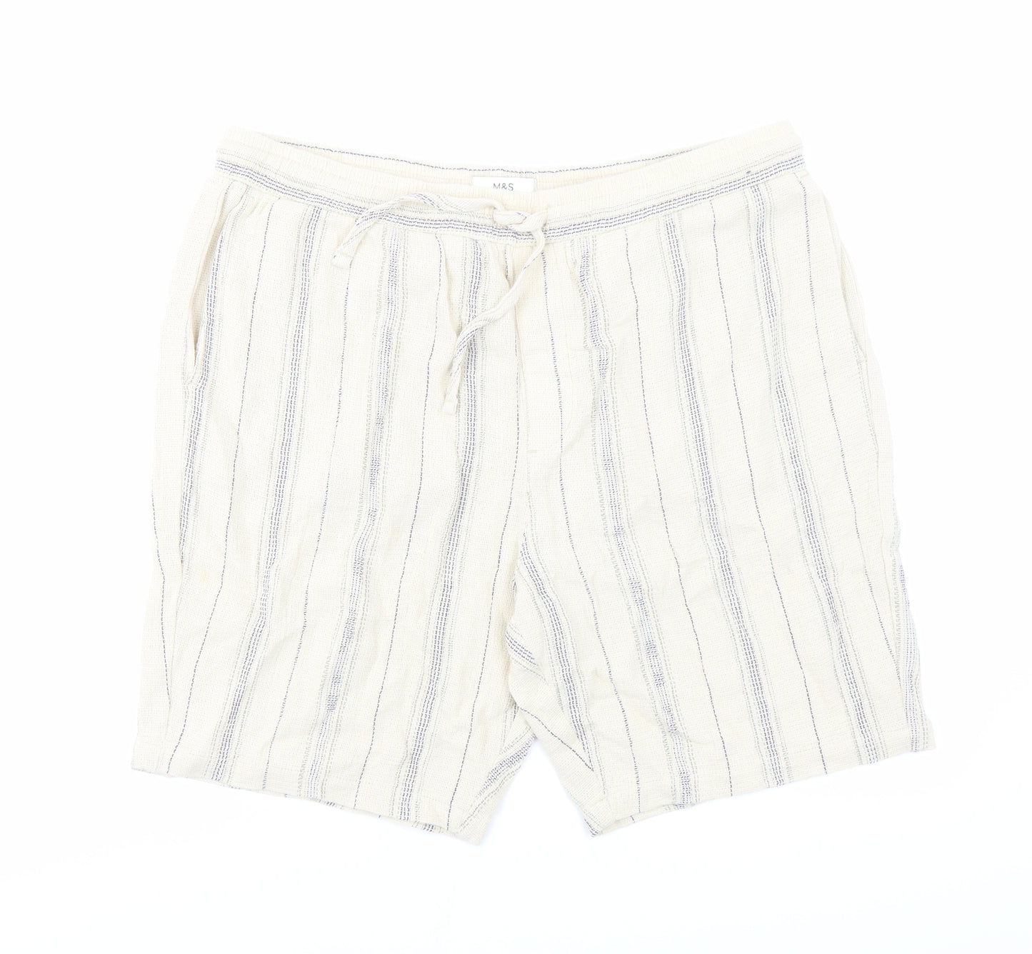 Marks and Spencer Mens Beige Striped Cotton Bermuda Shorts Size L L9 in Regular Drawstring - Elasticated Waist Pockets