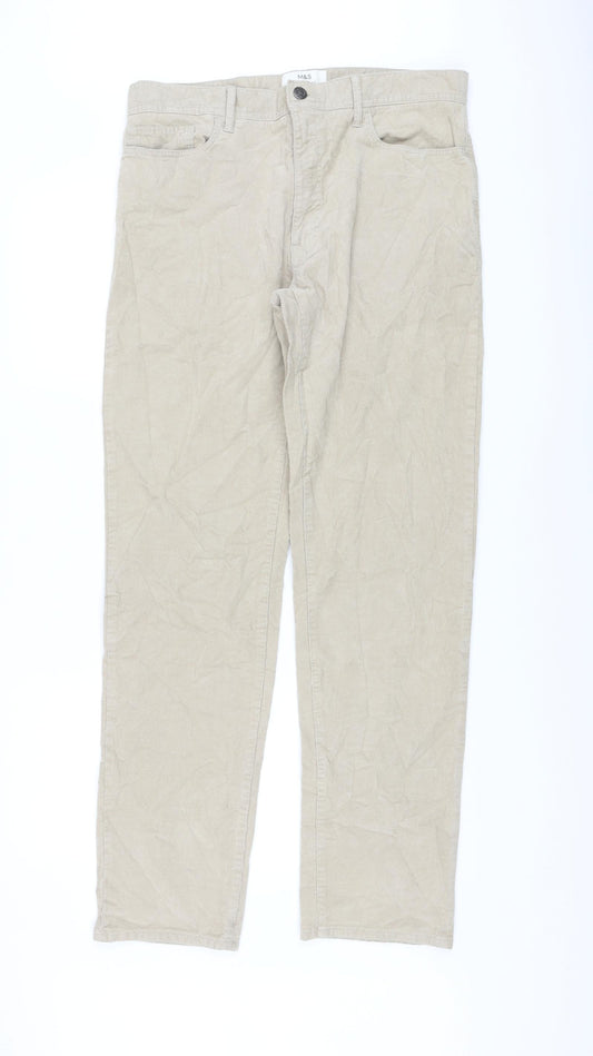 Marks and Spencer Mens Beige Cotton Trousers Size 34 in L33 in Regular Button