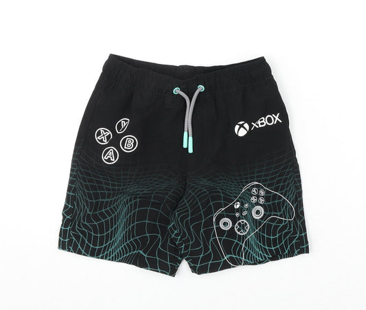 Marks and Spencer Boys Black Geometric Polyester Bermuda Shorts Size 6-7 Years Regular Drawstring - Xbox, Swim Shorts