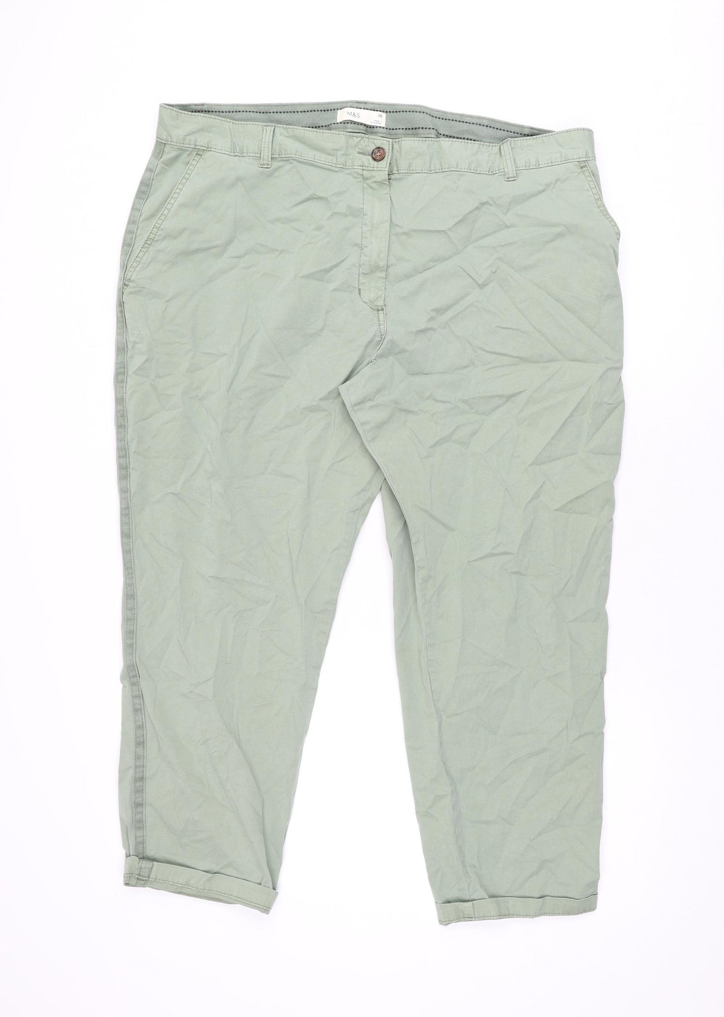 Marks and Spencer Womens Green Cotton Chino Trousers Size 20 L25.5 in Regular Zip