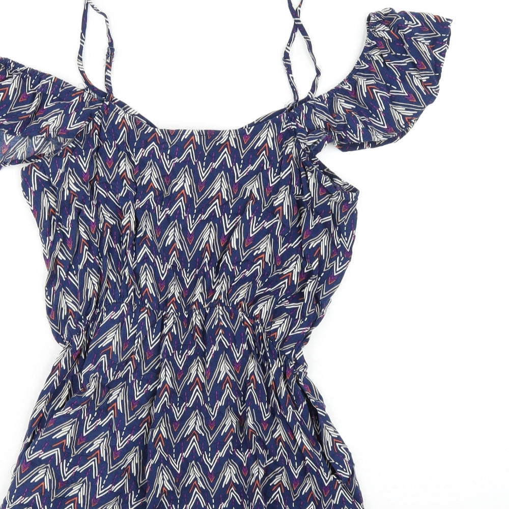 H&M Womens Blue Geometric Vinyl Playsuit One-Piece Size 12 Pullover