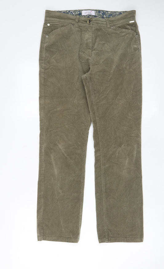 Per Una Womens Green Cotton Trousers Size 10 L27 in Regular Zip - Pockets