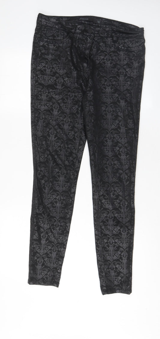 NEXT Womens Black Geometric Cotton Trousers Size 12 L31 in Regular Zip - Pockets