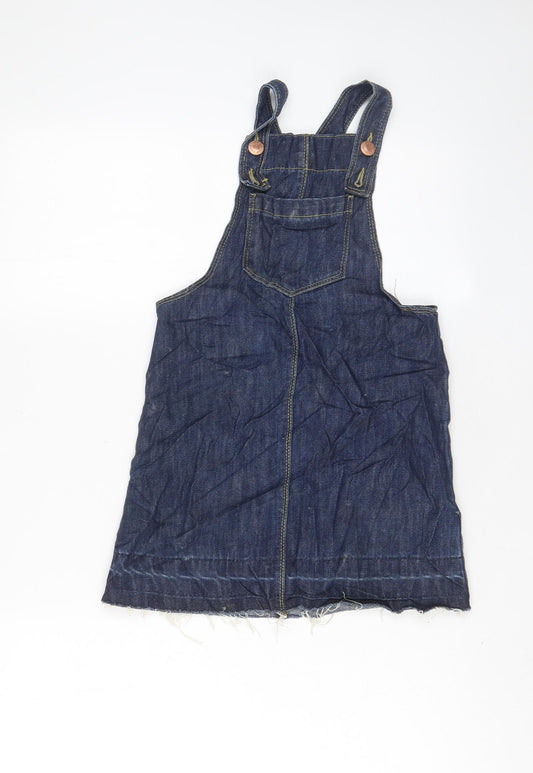 Matalan Girls Blue Cotton Pinafore/Dungaree Dress Size 9 Years Square Neck Button - Pockets