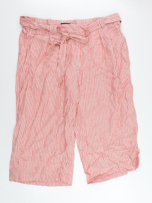 Marks and Spencer Womens Pink Striped Linen Cropped Trousers Size 24 L22 in Regular Zip - Belted