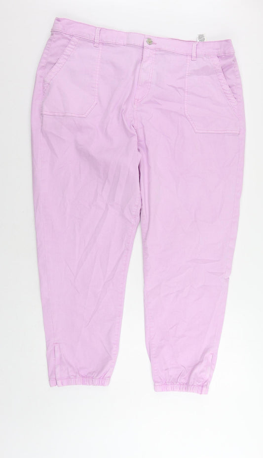 Marks and Spencer Womens Purple Cotton Trousers Size 22 L27 in Regular Zip - Elastic Waist